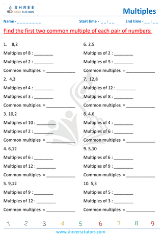 Grade 4  Maths worksheet: Determine multiples - Finding least common multiple