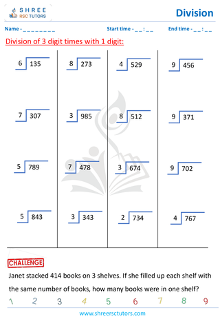 Grade 4  Maths worksheet: Division computations - 3 digit by 1-digit division (with remainder)