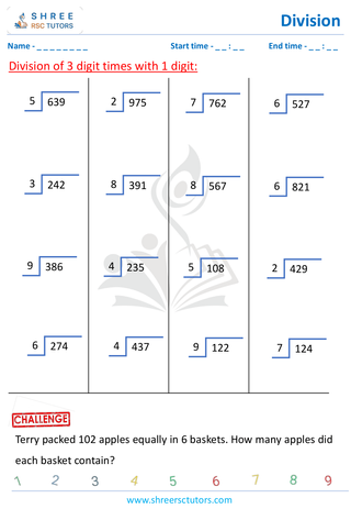 Grade 4  Maths worksheet: Division computations - 3 digit by 1-digit division (with remainder)