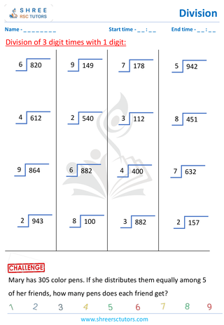 Grade 4  Maths worksheet: Division computations - 3 digit by 1-digit division (with remainder)