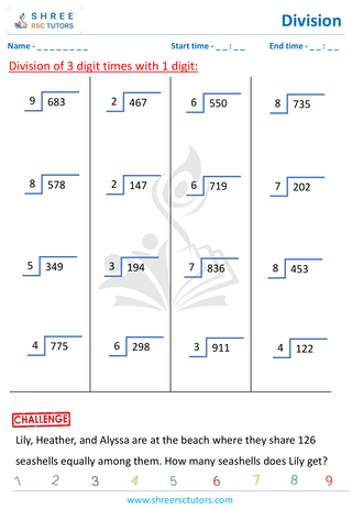 Grade 4  Maths worksheet: Division computations - 3 digit by 1-digit division (with remainder)