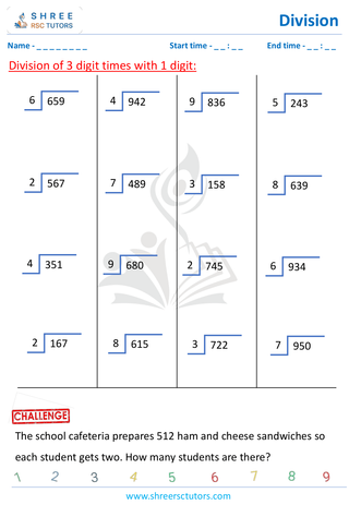 Grade 4  Maths worksheet: Division computations - 3 digit by 1-digit division (with remainder)