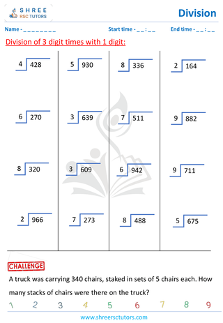 Grade 4  Maths worksheet: Division computations - Divide 3-digit by 1-digit (without remainder)