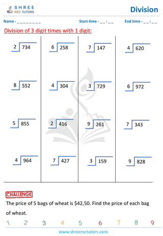 Grade 4  Maths worksheet: Division computations - Divide 3-digit by 1-digit (without remainder)