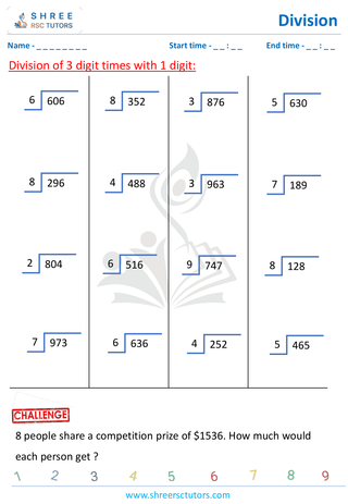 Grade 4  Maths worksheet: Division computations - Divide 3-digit by 1-digit (without remainder)