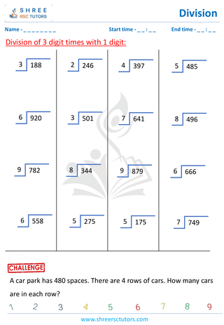 Grade 4  Maths worksheet: Division computations - Divide 3-digit by 1-digit (without remainder)