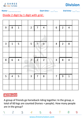 Grade 4  Maths worksheet: Division computations - Division using grids (2-digit by 1-digit)