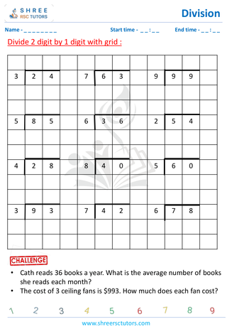 Grade 4  Maths worksheet: Division computations - Division using grids (2-digit by 1-digit)