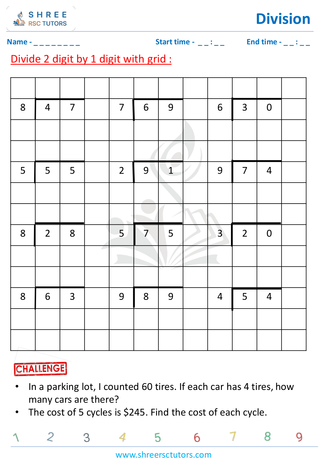 Grade 4  Maths worksheet: Division computations - Division using grids (2-digit by 1-digit)