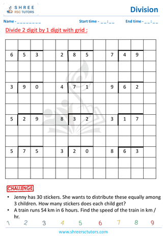 Grade 4  Maths worksheet: Division computations - Division using grids (2-digit by 1-digit)