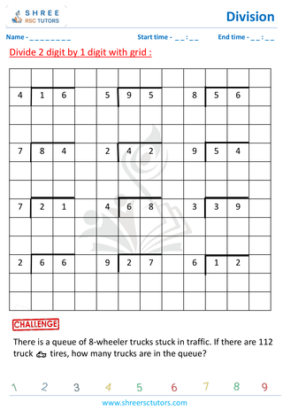 Grade 4  Maths worksheet: Division computations - Division using grids (2-digit by 1-digit)