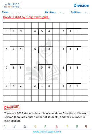 Grade 4  Maths worksheet: Division computations - Division using grids (2-digit by 1-digit)