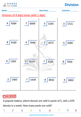 Grade 4  Maths worksheet: Division computations - Division using grids (4-digit by 1-digit)