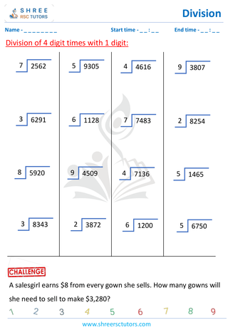 Grade 4  Maths worksheet: Division computations - Division using grids (4-digit by 1-digit)