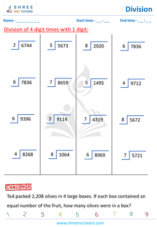 Grade 4  Maths worksheet: Division computations - Division using grids (4-digit by 1-digit)