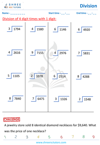 Grade 4  Maths worksheet: Division computations - Division using grids (4-digit by 1-digit)