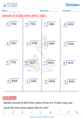 Grade 4  Maths worksheet: Division computations - Division using grids (4-digit by 1-digit)