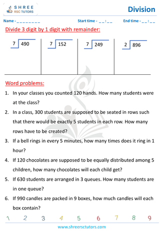 Grade 4  Maths worksheet: Division computations - Three-digit by single-digit | word problems