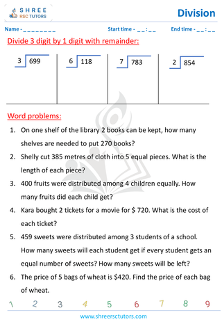 Grade 4  Maths worksheet: Division computations - Three-digit by single-digit | word problems