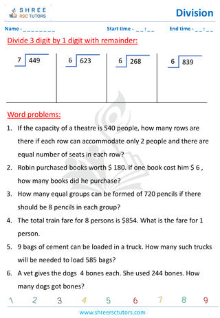 Grade 4  Maths worksheet: Division computations - Three-digit by single-digit | word problems