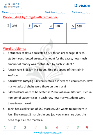 Grade 4  Maths worksheet: Division computations - Three-digit by single-digit | word problems