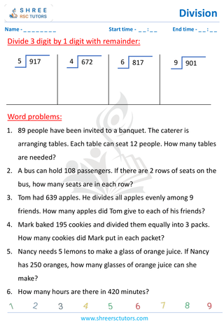 Grade 4  Maths worksheet: Division computations - Three-digit by single-digit | word problems