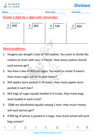 Grade 4  Maths worksheet: Division computations - Three-digit by single-digit | word problems