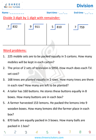 Grade 4  Maths worksheet: Division computations - Three-digit by single-digit | word problems