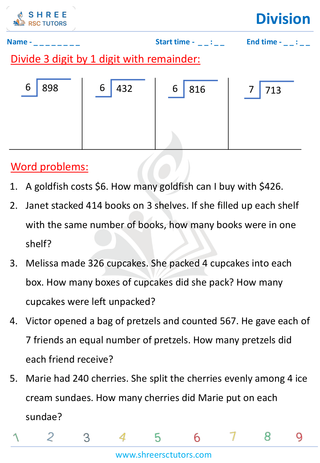 Grade 4  Maths worksheet: Division computations - Three-digit by single-digit | word problems