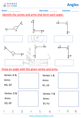 Grade 4  Maths worksheet: Explore angles - Parts of an Angle (Naming the Vertex and Arms)