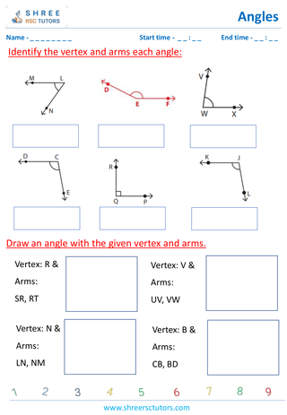 Grade 4  Maths worksheet: Explore angles - Parts of an Angle (Naming the Vertex and Arms)