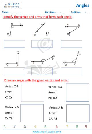 Grade 4  Maths worksheet: Explore angles - Parts of an Angle (Naming the Vertex and Arms)