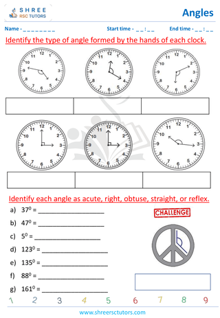 Grade 4  Maths worksheet: Explore angles - Types of angles in clocks
