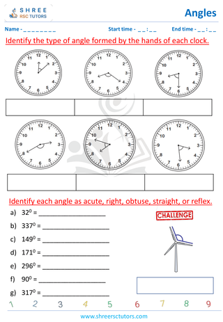 Grade 4  Maths worksheet: Explore angles - Types of angles in clocks