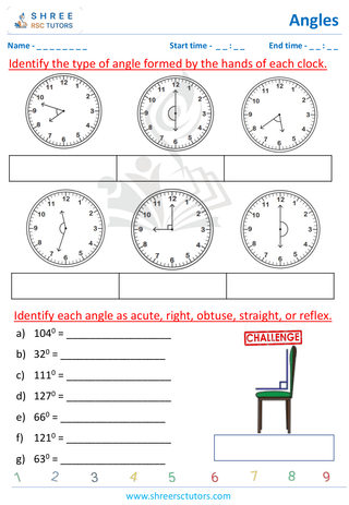 Grade 4  Maths worksheet: Explore angles - Types of angles in clocks