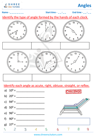 Grade 4  Maths worksheet: Explore angles - Types of angles in clocks