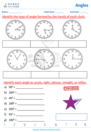 Grade 4  Maths worksheet: Explore angles - Types of angles in clocks