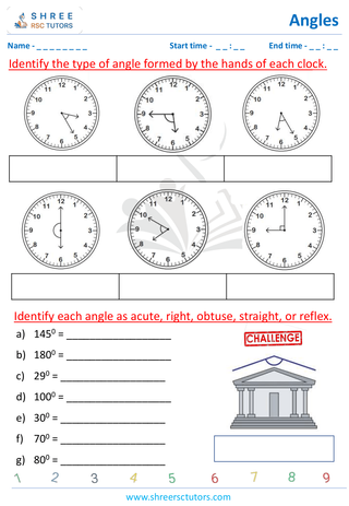 Grade 4  Maths worksheet: Explore angles - Types of angles in clocks