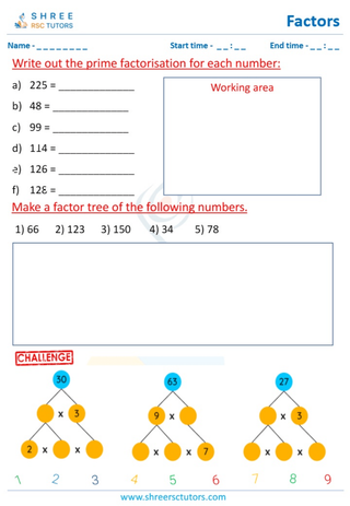 Grade 4  Maths worksheet: Factors of a whole number - Complete the prime factor tree