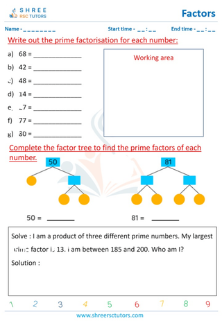 Grade 4  Maths worksheet: Factors of a whole number - Complete the prime factor tree