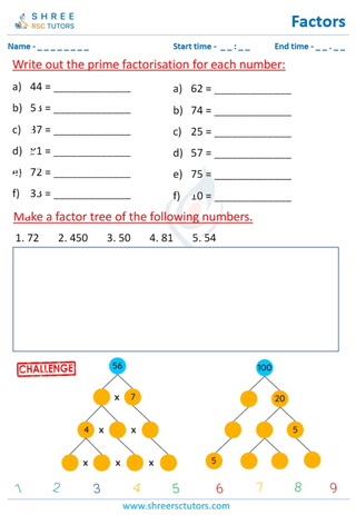 Grade 4  Maths worksheet: Factors of a whole number - Complete the prime factor tree