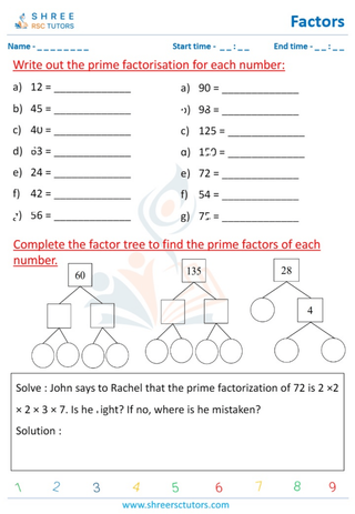 Grade 4  Maths worksheet: Factors of a whole number - Complete the prime factor tree