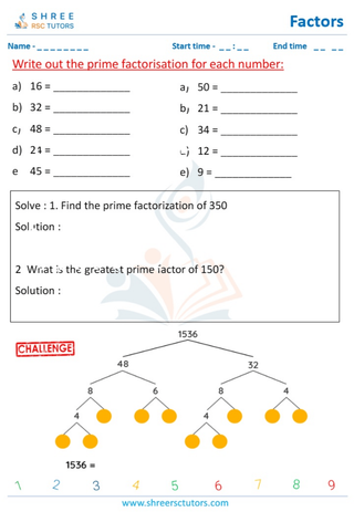 Grade 4  Maths worksheet: Factors of a whole number - Complete the prime factor tree