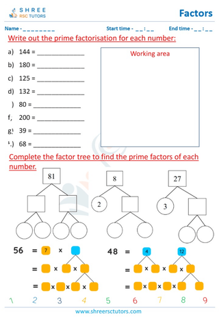 Grade 4  Maths worksheet: Factors of a whole number - Complete the prime factor tree