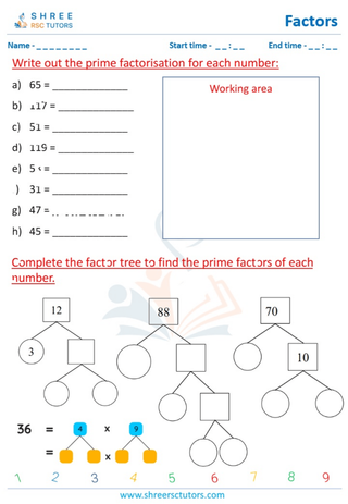 Grade 4  Maths worksheet: Factors of a whole number - Complete the prime factor tree