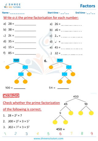 Grade 4  Maths worksheet: Factors of a whole number - Complete the prime factor tree