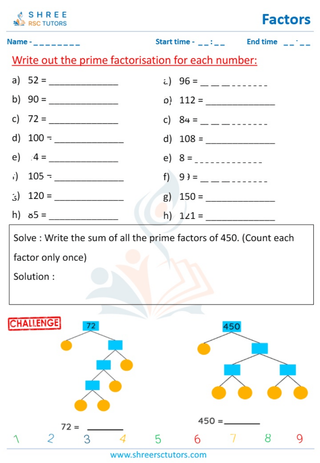 Grade 4  Maths worksheet: Factors of a whole number - Complete the prime factor tree