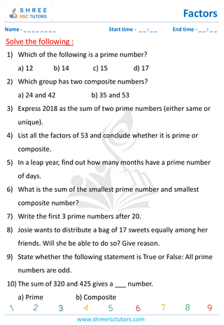 Grade 4  Maths worksheet: Factors of a whole number - Identifying prime and composite numbers