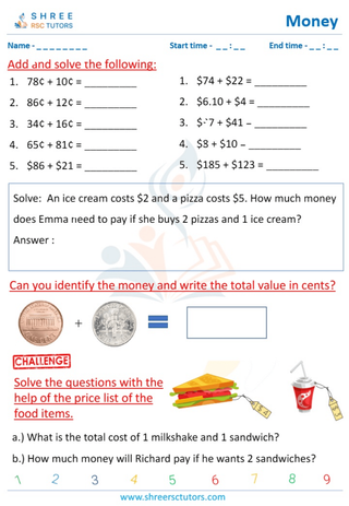 Grade 4  Maths worksheet: Financial literacy - Adding money