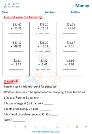 Grade 4  Maths worksheet: Financial literacy - Adding money